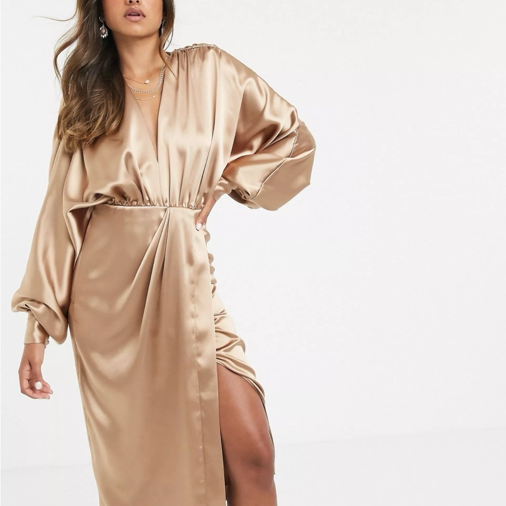 ASOS EDITION extreme sleeve plunge midi dress in satin - US 4, UK 8